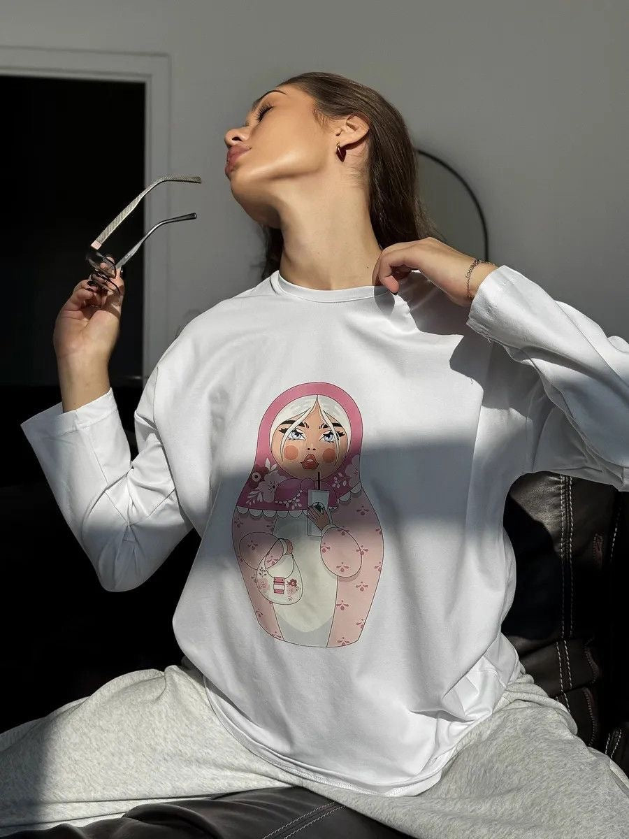 Womens Casual Printed Loose-fitting Long-sleeve Top