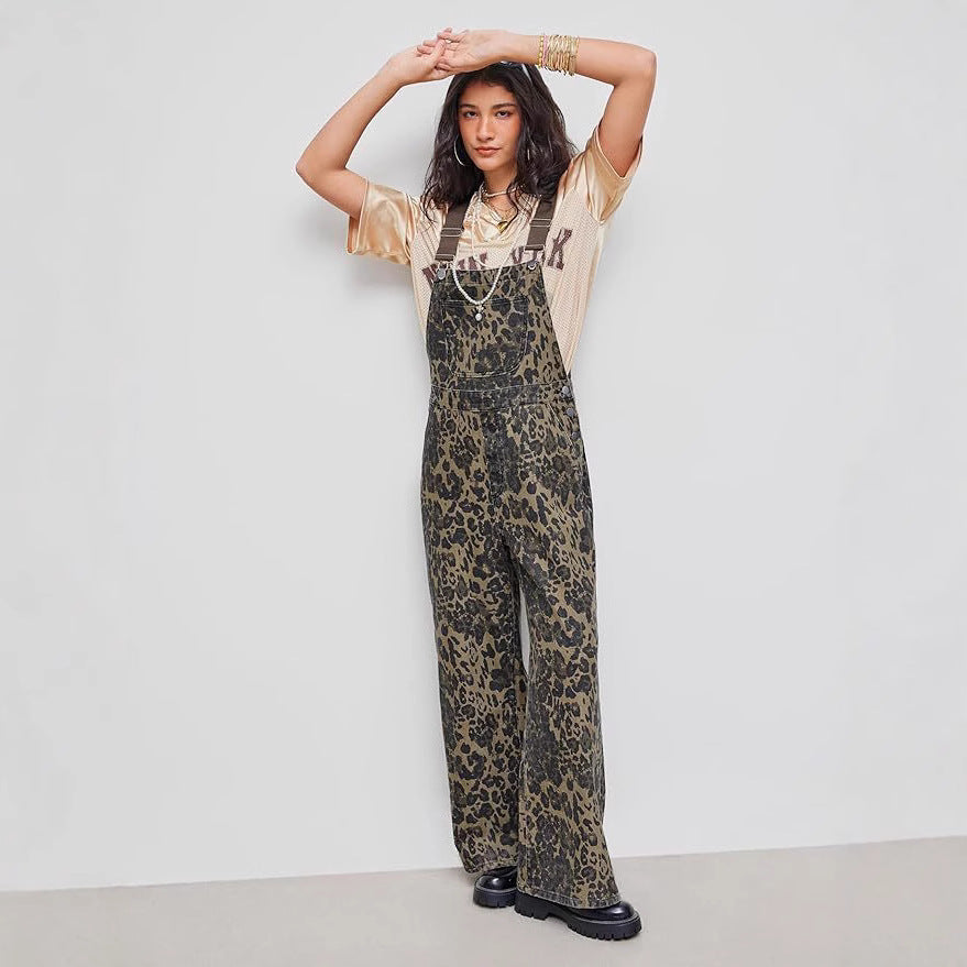 American Retro Street-style Leopard-print Overalls