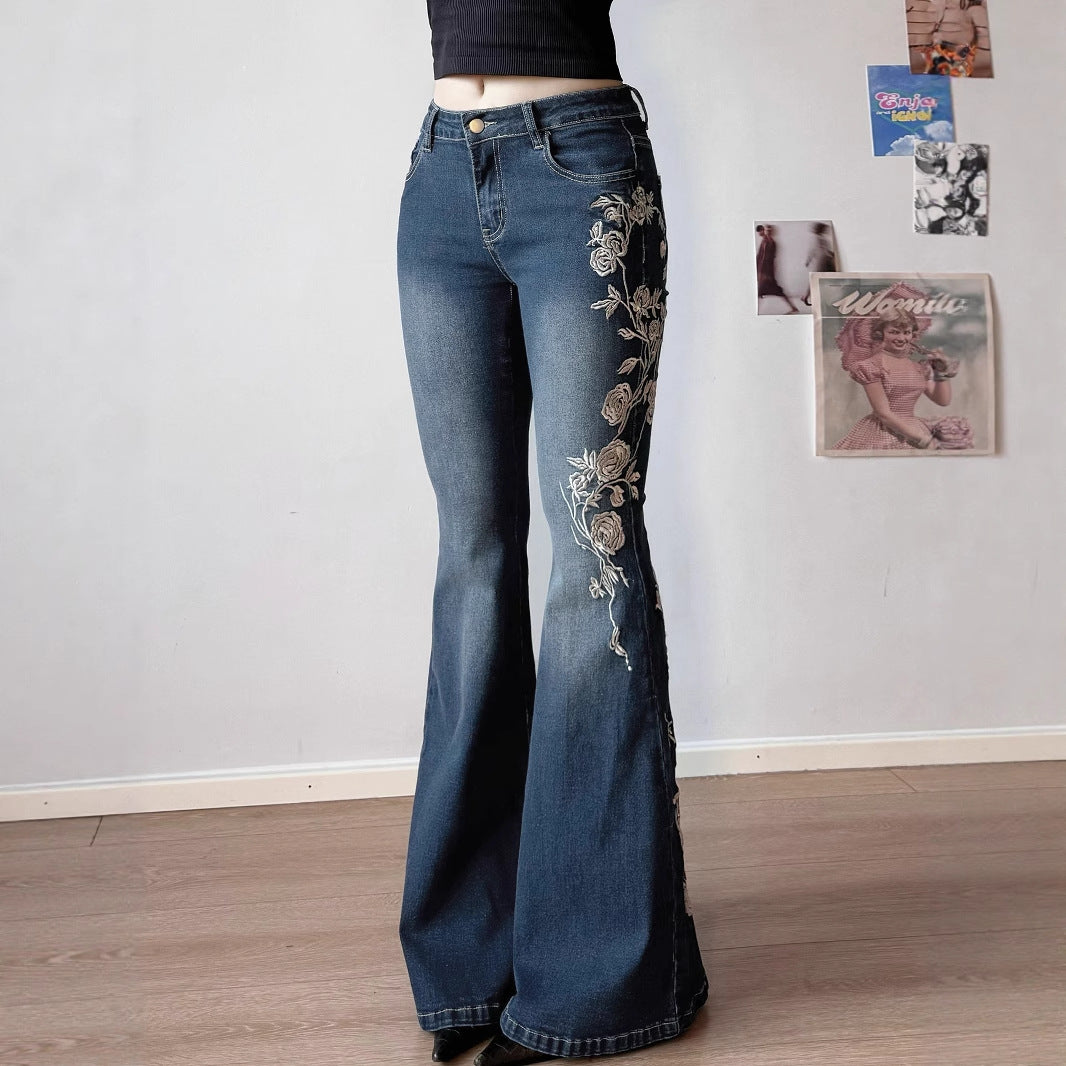 Denim-style Casual Pants With Floral Embroidery