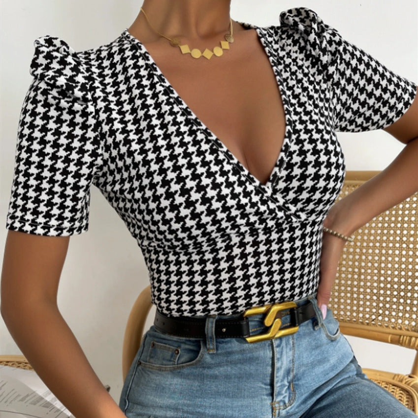 Stand-up Low-cut V-neck Slim Thousand Bird Lattice Short-sleeved T-shirt