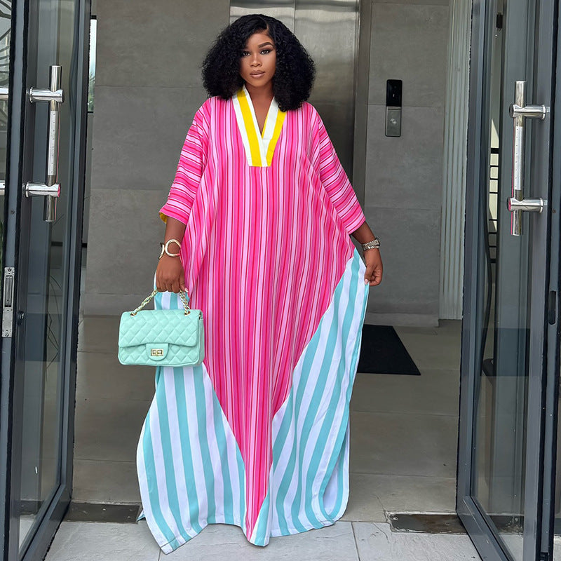 Western-style Fashionable V-neck Striped Loose-fitting Maxi Dress