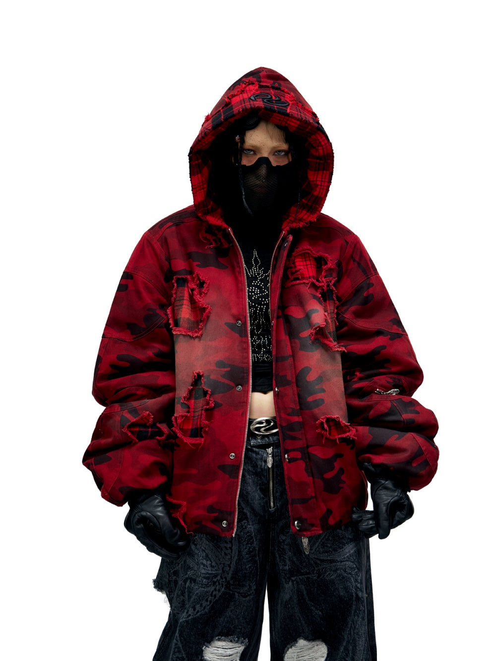 Camouflage Checkered Perforated Hooded Red Distressed Cotton Jacket