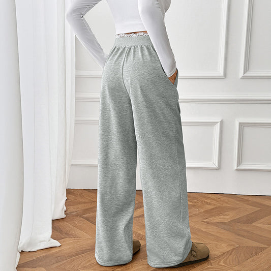 Lace Stitching Fake Two Pieces Casual Straight Trousers Women