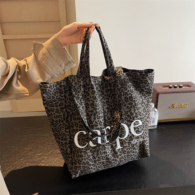 Unique One-shoulder Leopard Print Large Capacity Canvas Bag