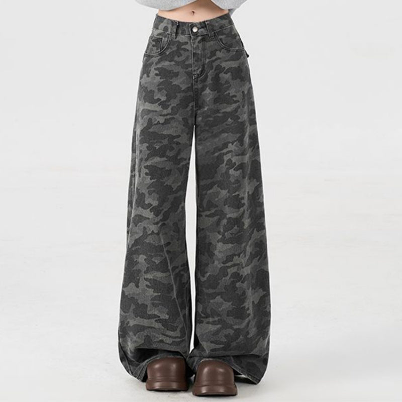 Retro Camouflage Wide-leg Jeans Women's Summer High Street Drape