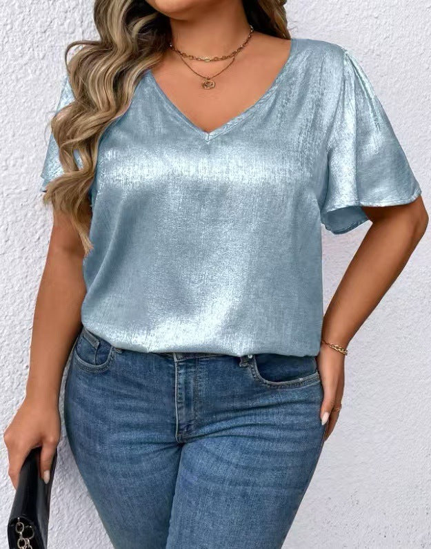 Loose-fit V-neck Solid-color Short-sleeve Top