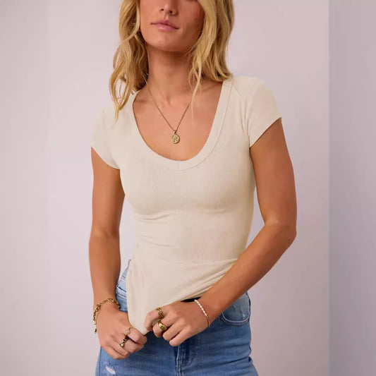 Womens Ribbed Pullover Solid Color Versatile And Stylish Short Sleeves