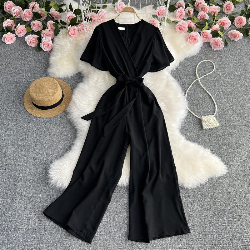 Retro Fashionable Temperament V-neck Short-sleeved Waist Jumpsuit
