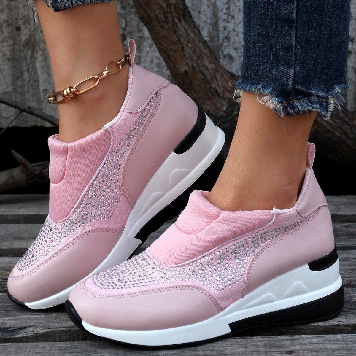New Fashion Comfortable Rhinestone Height Increasing Mesh Wedge High Heel Women