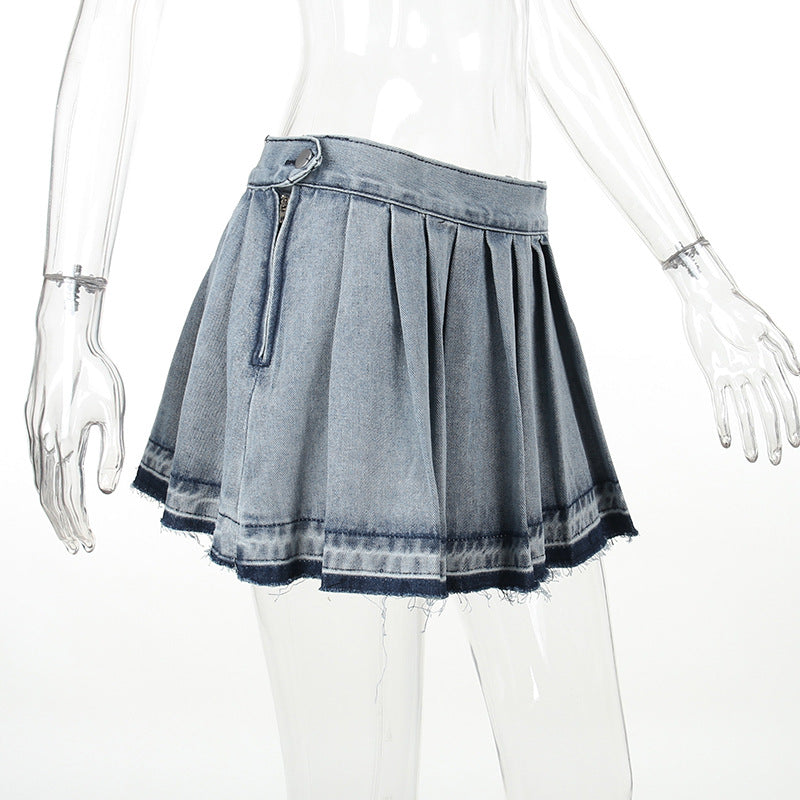 Casual High Waist Pleated Denim Skirt For Women