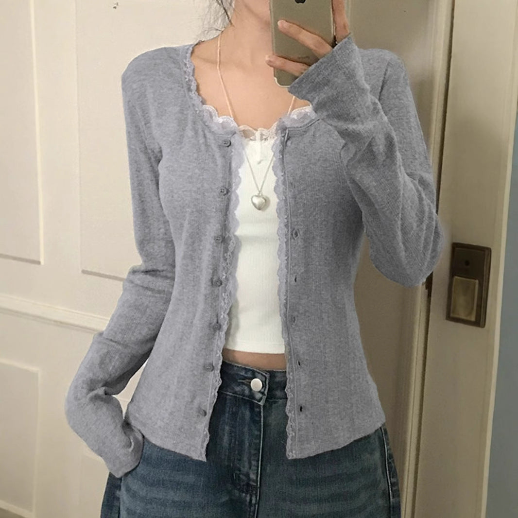 Women's Lace Stitching Light Long Sleeve Knitted Coat