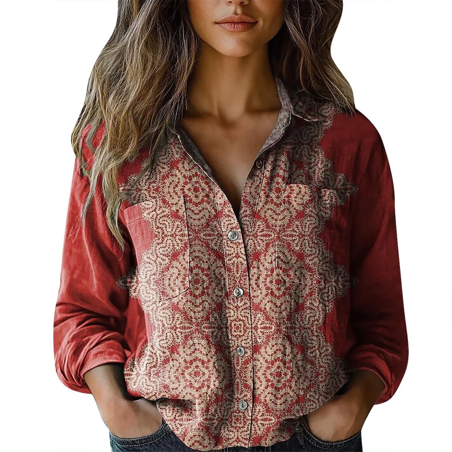 Womens V-neck Printed Blouseshirt