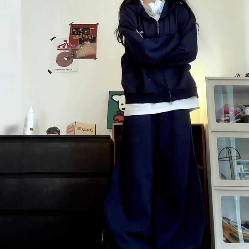 Women's Navy Blue Casual Hooded Zip-up Sweatshirt For Autumn And Winter