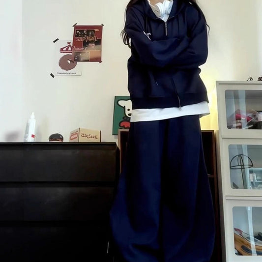 Women's Navy Blue Casual Hooded Zip-up Sweatshirt For Autumn And Winter