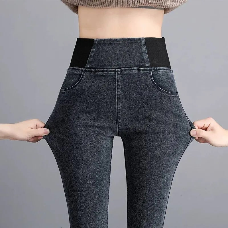 Womens High-waisted Skinny Jeans With A Stretchy Elastic Waist And Cozy Fleece Lining