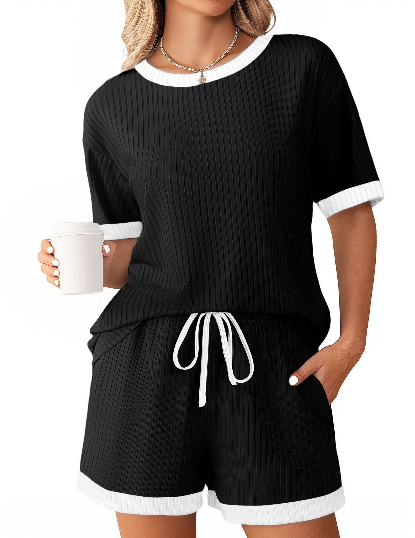 Solid-color Ribbed Patchwork Color-block Pajama Short-sleeve Loungewear Set