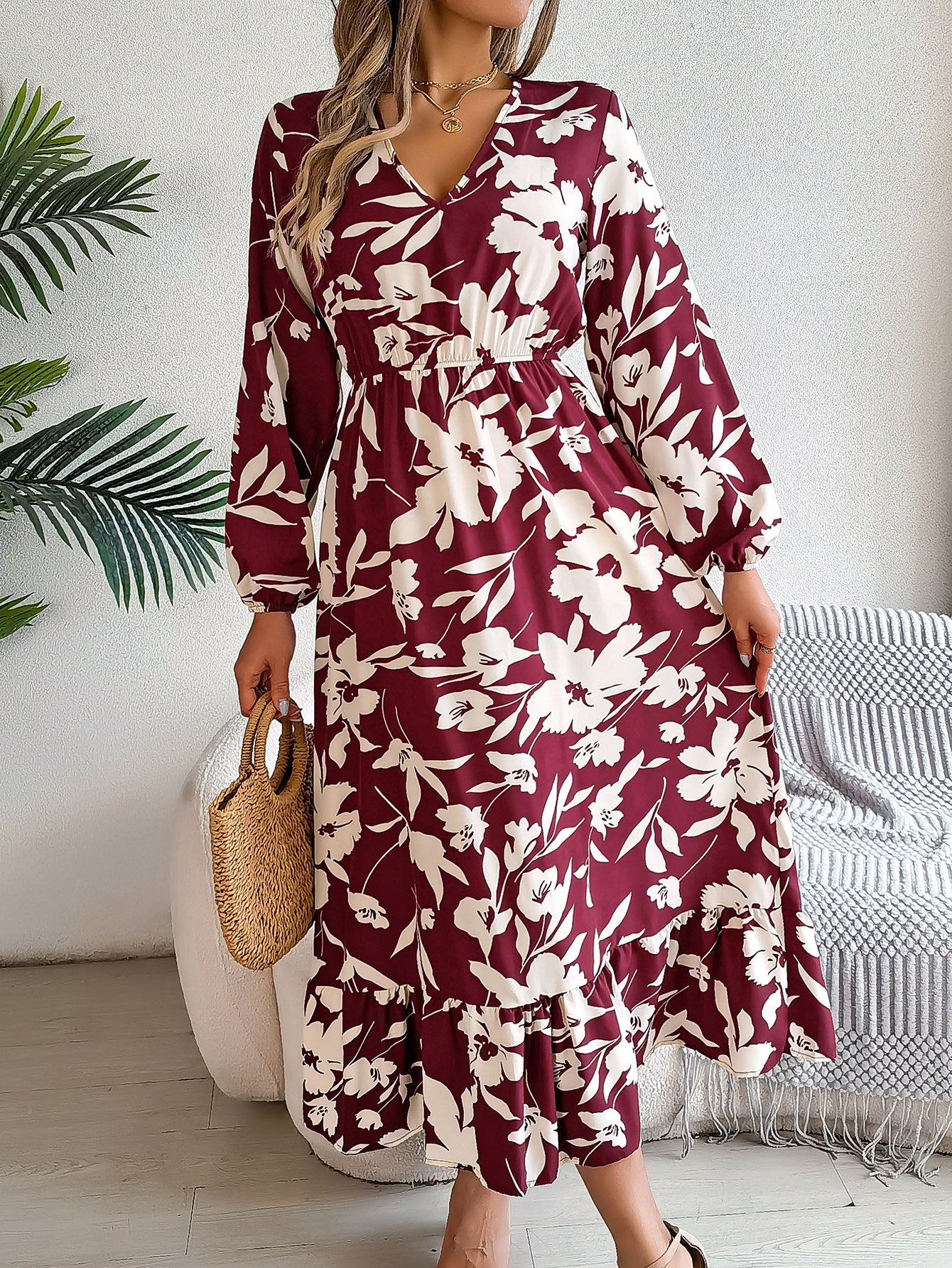 Dame Casual Blomstret Slå Om-kjole Med Lange Ærmer Og Flæser