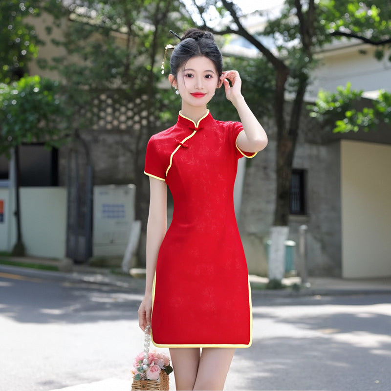 New Chinese-style Red Embossed Cheongsam Dress