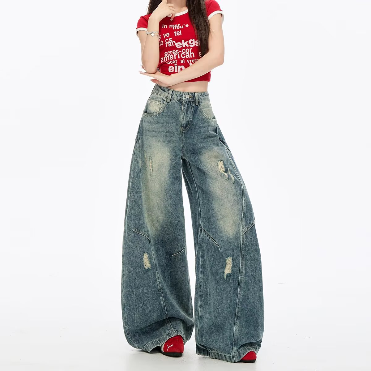 Retro Niche-design Distressed Copper High-rise Straight-leg Loose-fit Pants