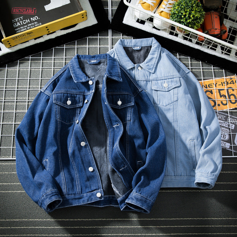 Winter Hong Kong Style Fleece-lined Men's Denim Jacket Warm Coat
