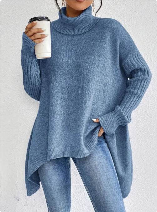 Uregelmæssig rullekrave-sweater Vinter løs langærmet striktoppe Fritids varm pullover-sweater Dametøj