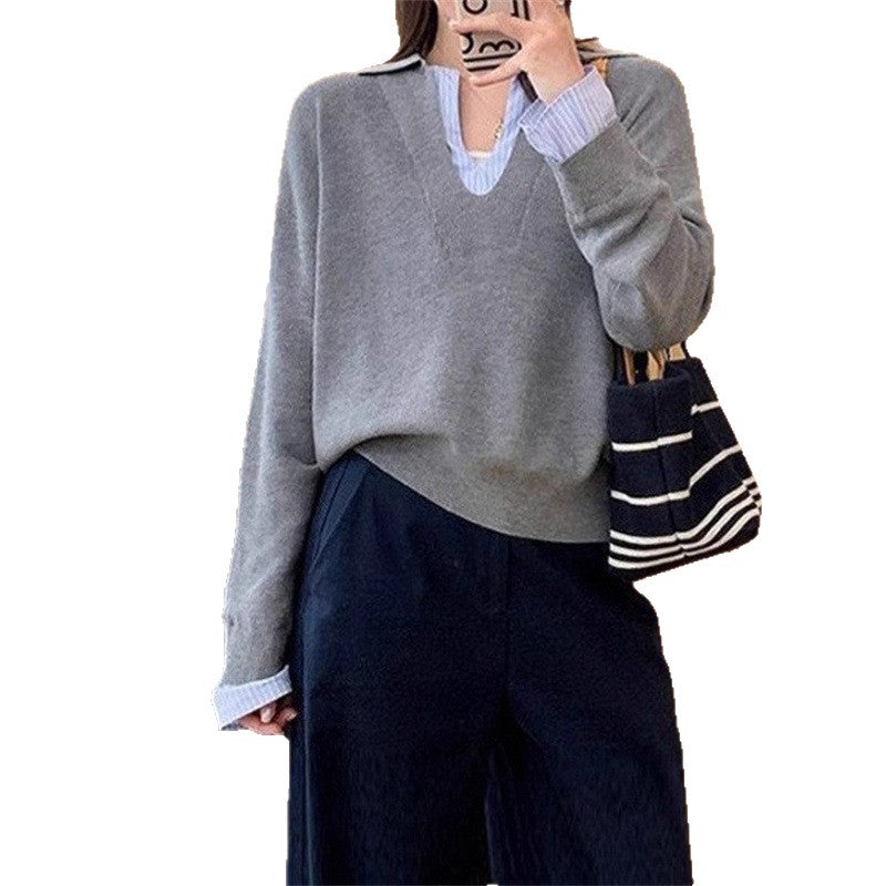 Temperament Pure Color Striped Stitching Korean Loose Casual Sweater