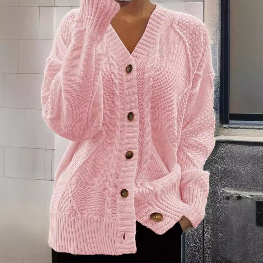 Efterår Og Vinter V-hals Enkeltradet Grænseoverskridende Udenrigshandel Kabelstrikket Sweaterjakke