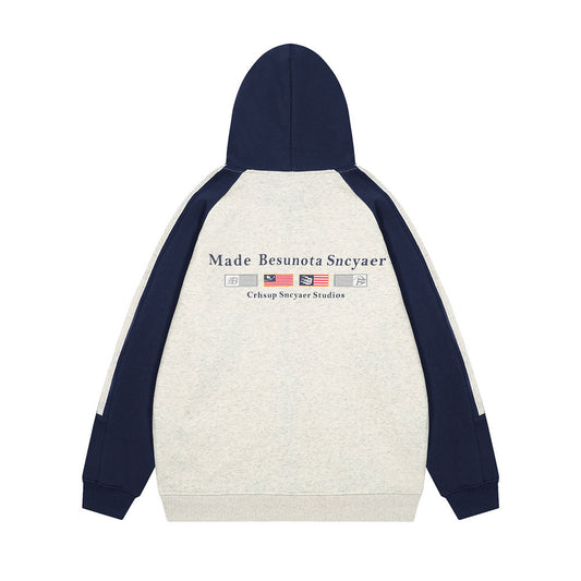 Patchwork Contrast Color Raglan Hooded Sweater Street Fashion American Retro Men
