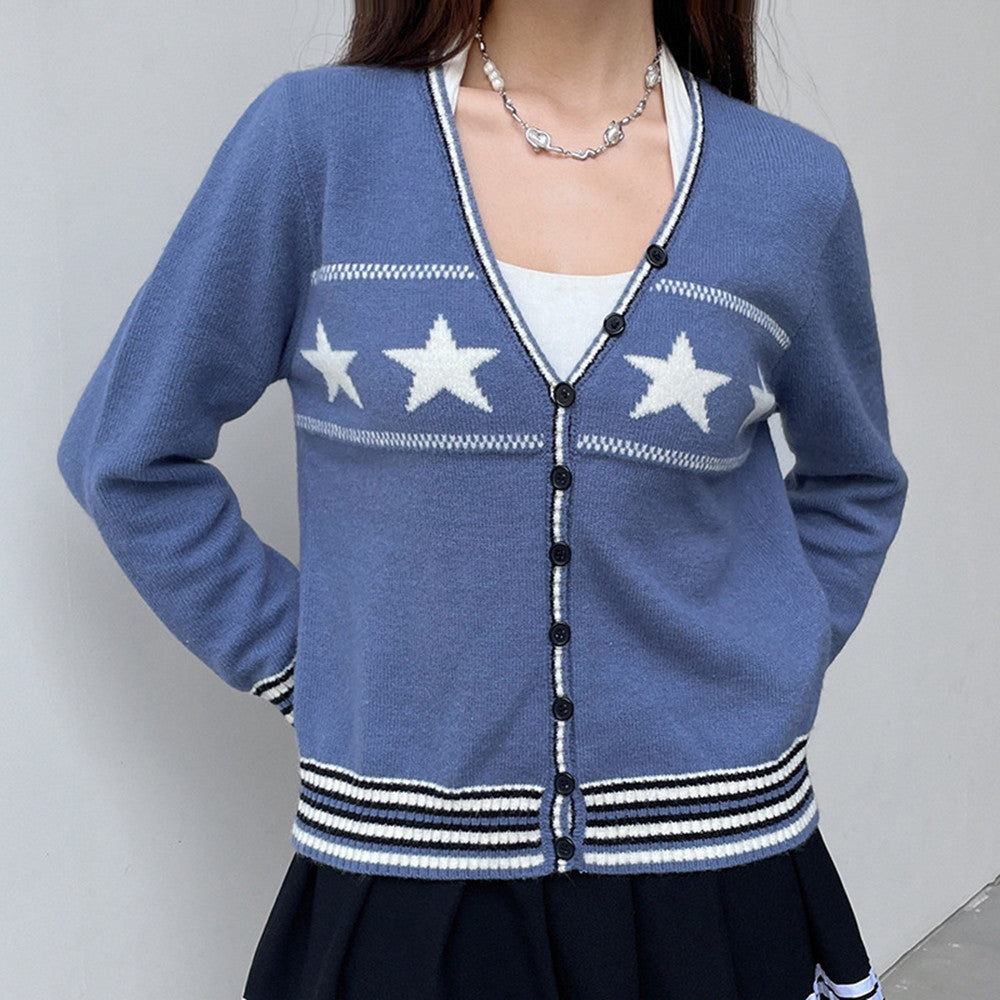 Vintage Star Woven V-Neck Button Cardigan Academy