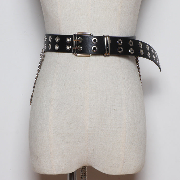 Fashion All-match Black Belt Tassel Chain Double Row Perforated Hundred Matching Waist Seal