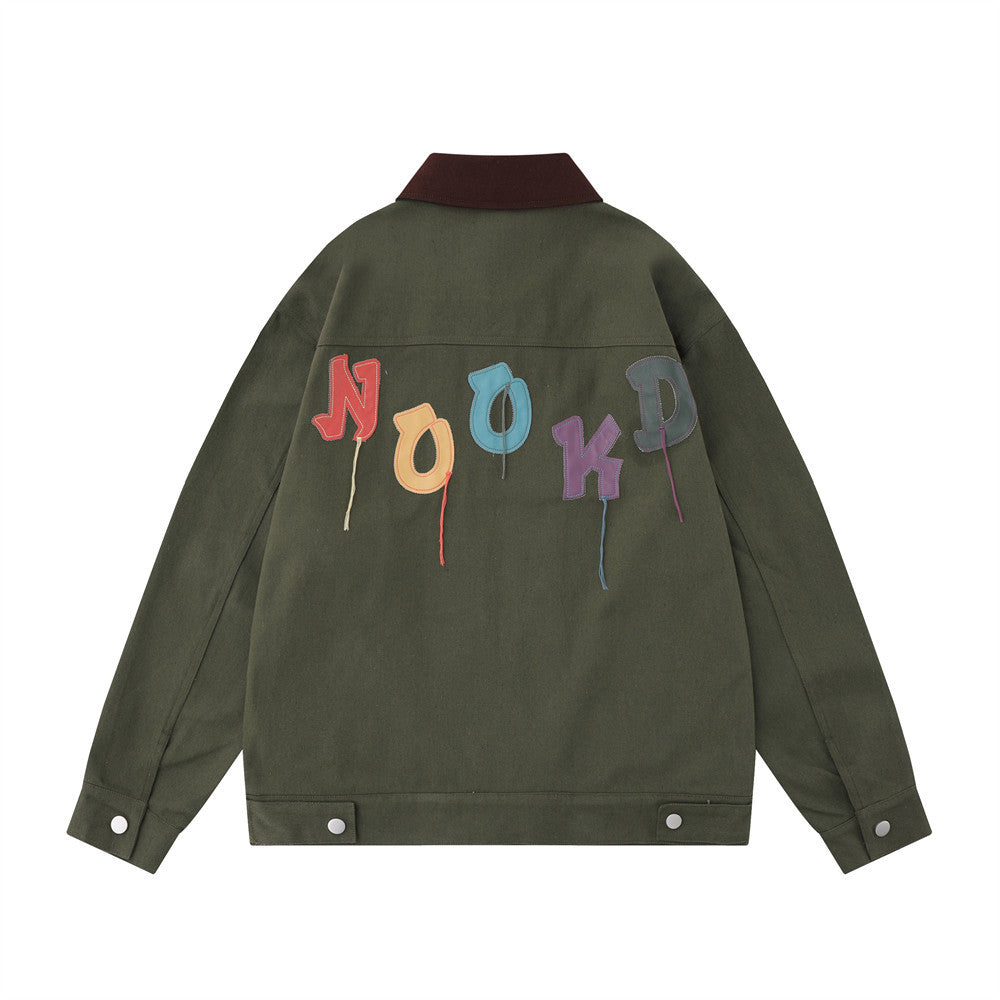 Color Letter Veneer Embroidery Contrast Color Lapel Denim Jacket