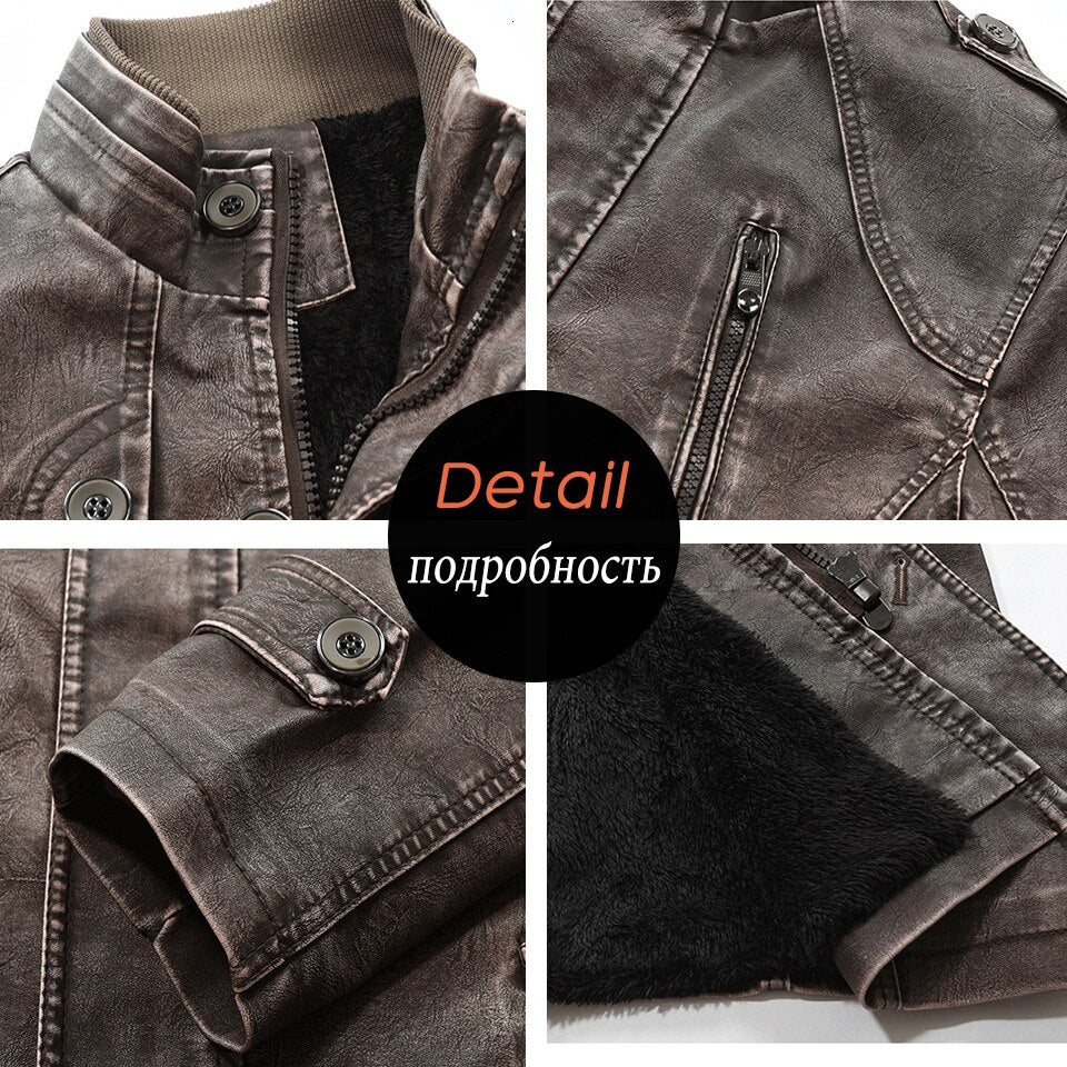 Trendy casual men's mid-length slim-fit cold-proof leather jacket