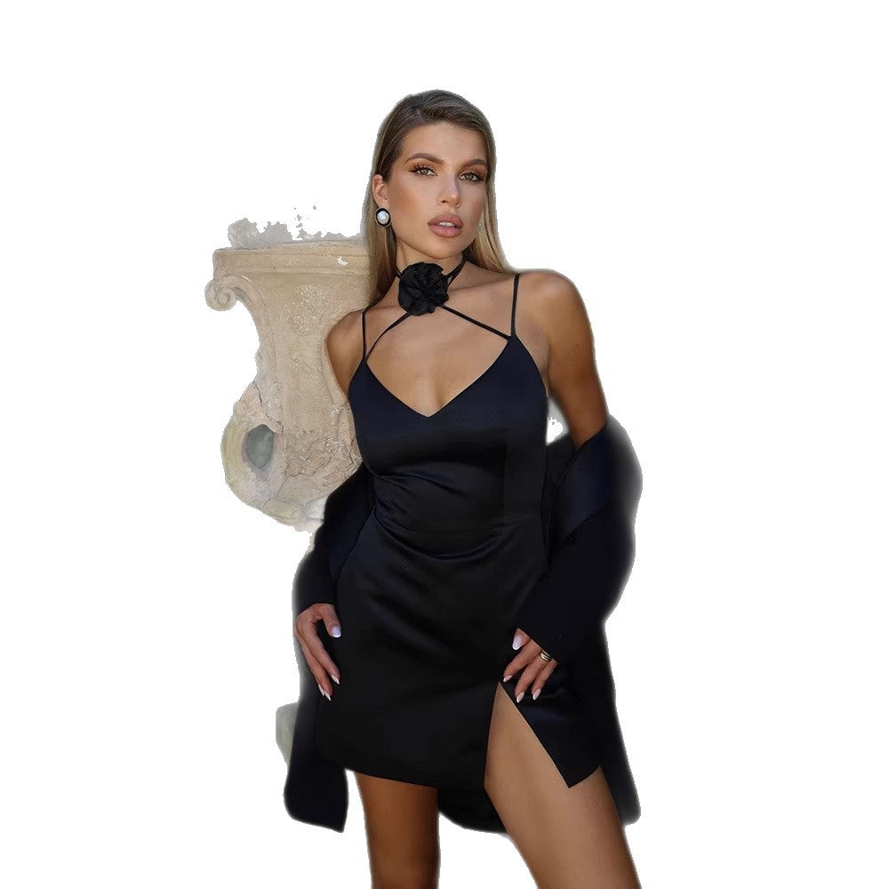 Womens Hip-Hugging Slit Backless Strapped Dress