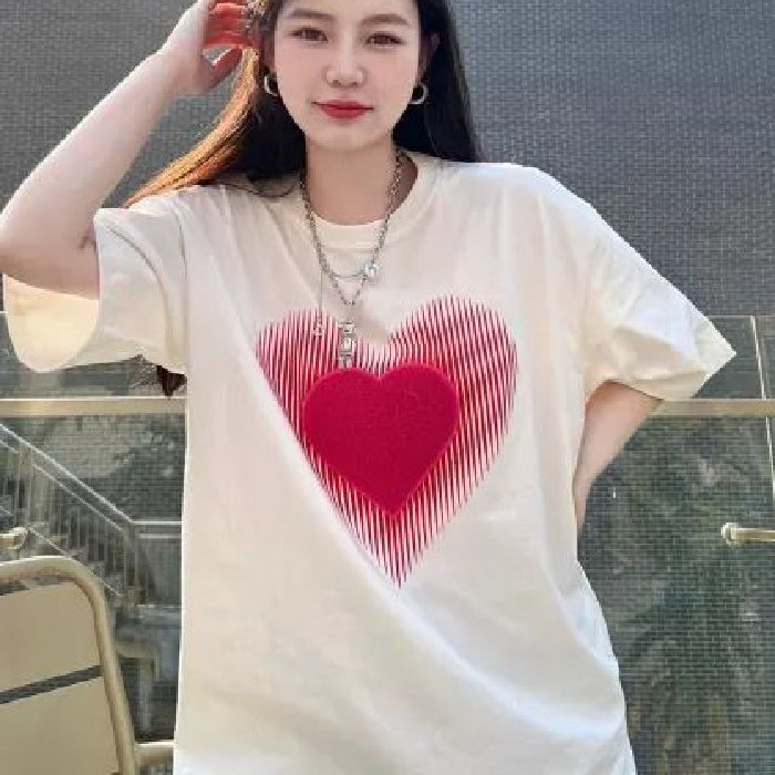 Womens Niche American-Style Heart-Print Short-Sleeve T-Shirt