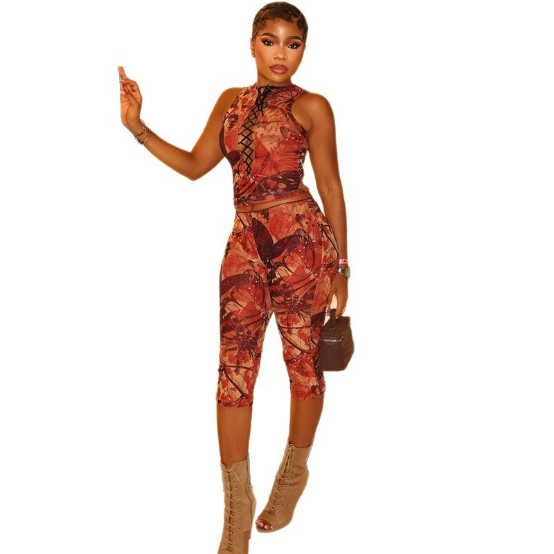 Retro Printed Womens Elegant Sleeveless Pantsuit