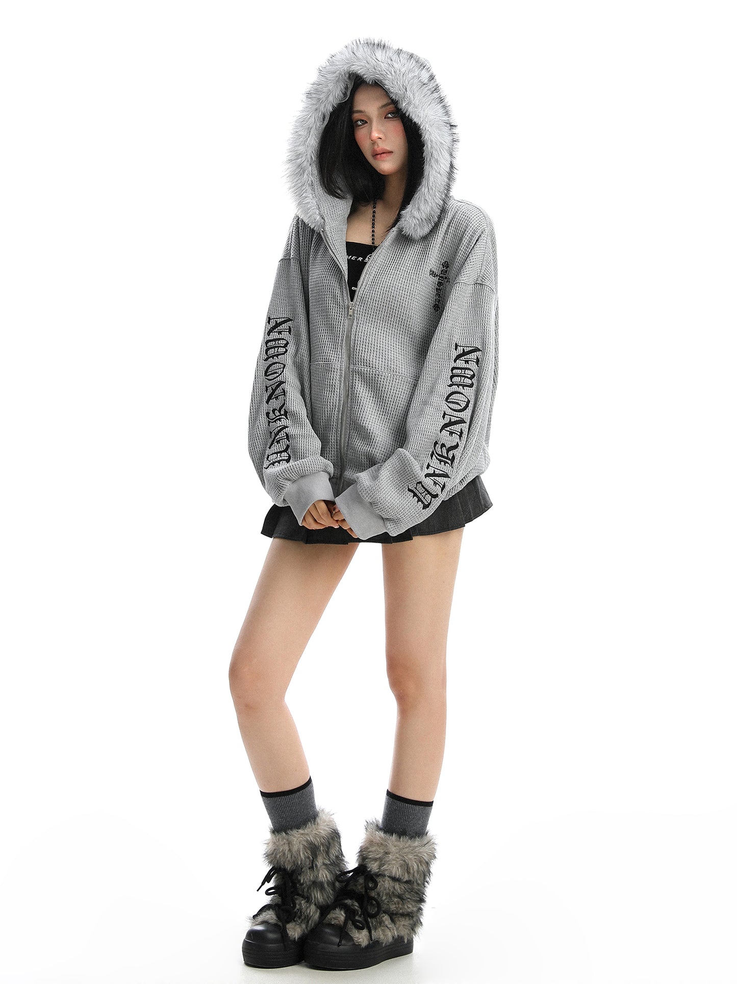 Cross Printed Hoodie Women's Fur Collar Baggy Coat