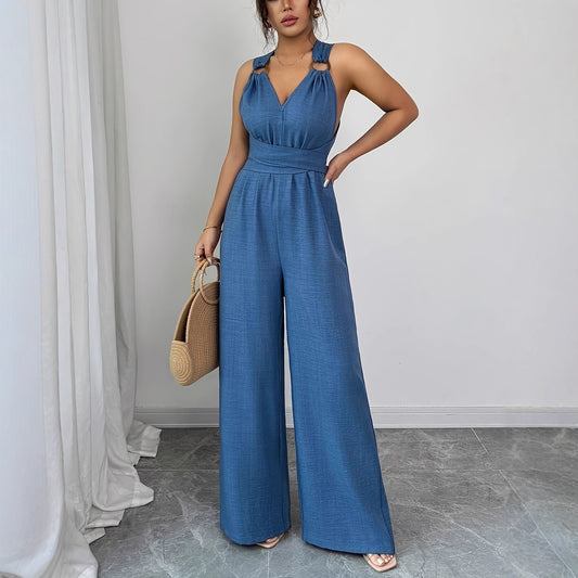 V-udskæring, rygløs, crossover-talje, viddebenet jumpsuit