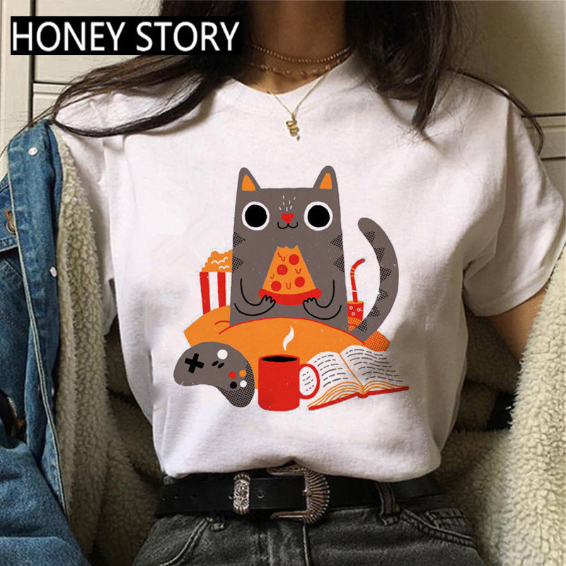 Kitten Print Round Neck Women's Loose Short Sleeve T-shirt