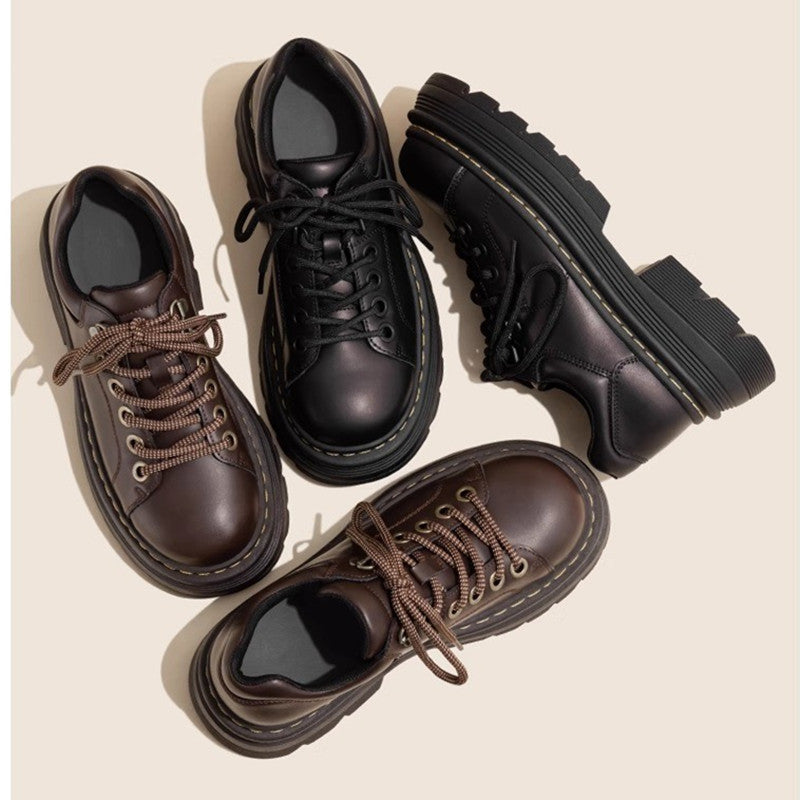 British Style Lace Up Round Toe Versatile Single-layer Shoes Low Heel Leather Shoes Women
