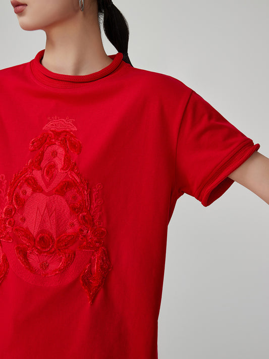 New Chinese Style Red Embroidery Curling Shoulder T-shirt For Women