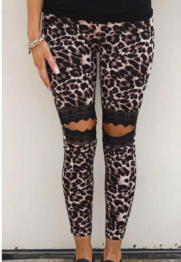 Casual hollow lace leopard print slim women's trousers