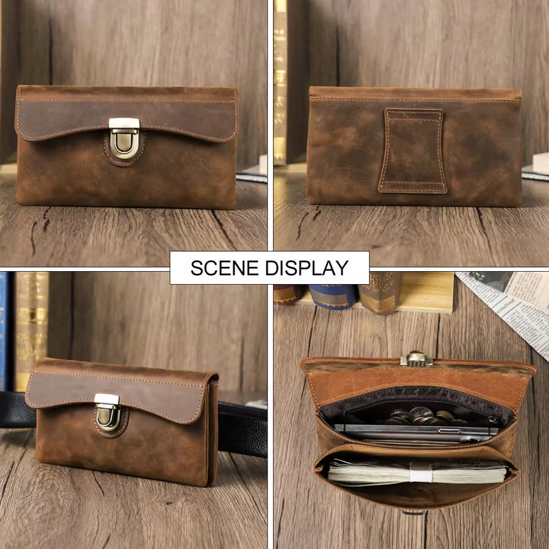Retro Crazy Horse Leather RFID Anti-Magnetic Waist Bag with Multi-Functional Lock, Real Leather Mobile Phone Waist Bag