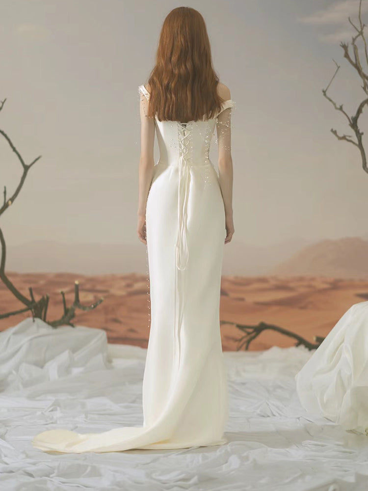White Simple Outerwear Yarn Satin Off-shoulder Fishtail Dress