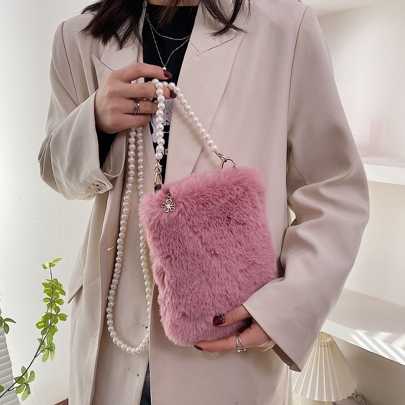 Women's Fashion Plush Pearl Chain Shoulder Messenger Bag