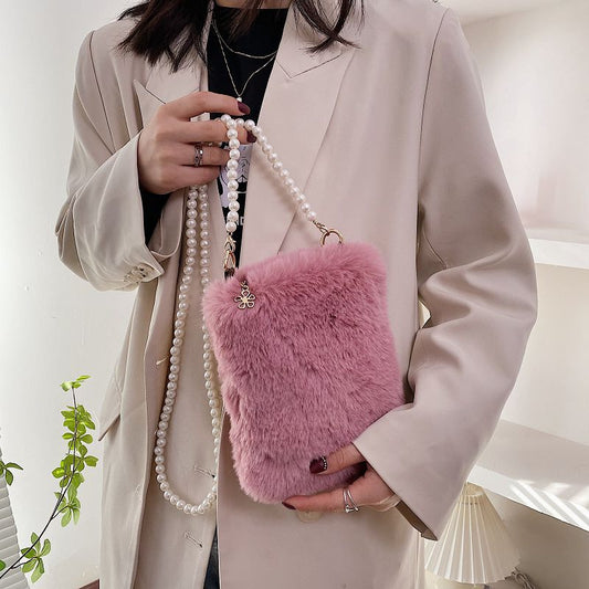 Women's Fashion Plush Pearl Chain Shoulder Messenger Bag