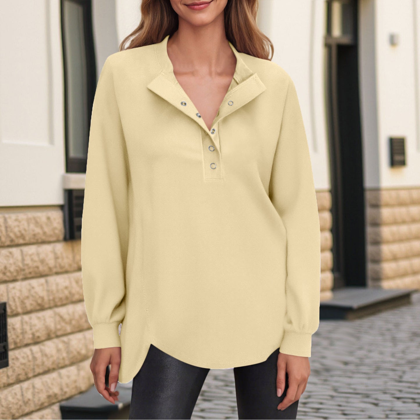 Dame Casual Ensfarvet Rund Hals Bluse med Knapper og Lange Ærmer
