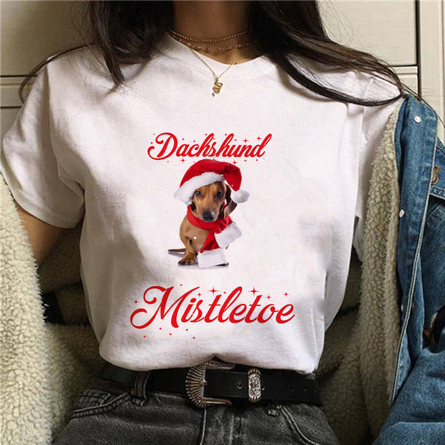 Dame T-shirt med print af gravhund - Min personlige stalker - Sommer