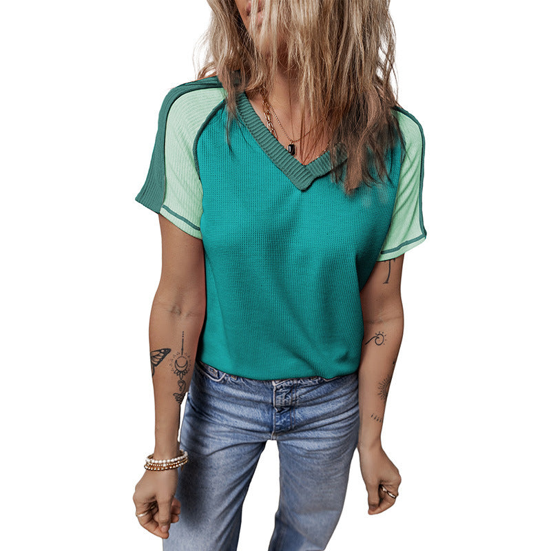 Women's V-neck Knitted Short-sleeved Shirt T-shirt