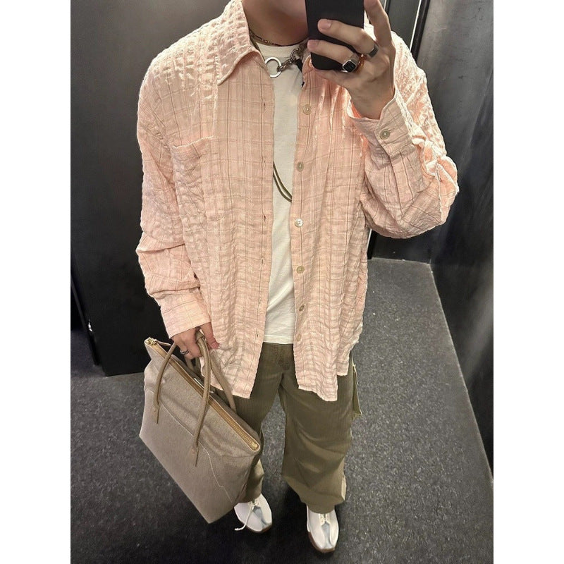 Pleated Seersucker Shirt Casual Loose Outline Plaid Long Sleeve