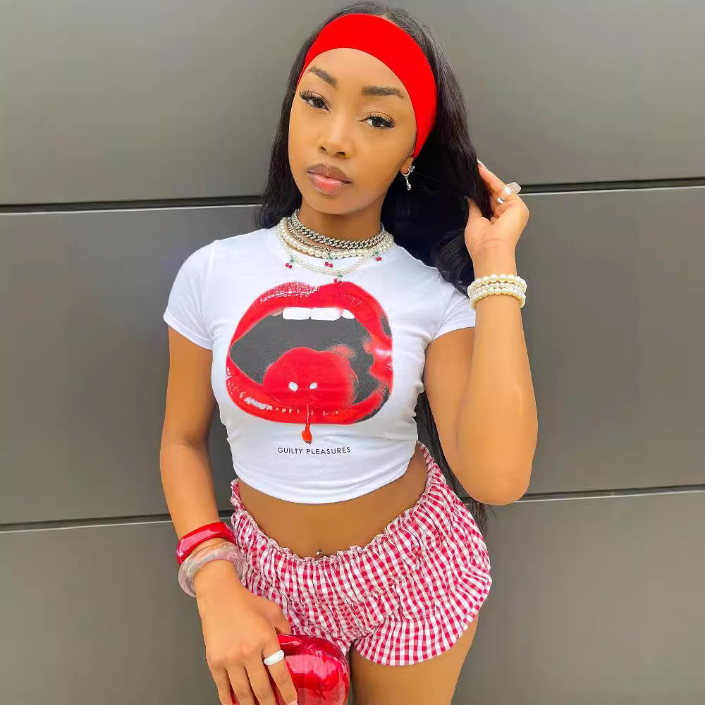 Retro Street Sexy Trend Large Lip Printings Short Sleeve